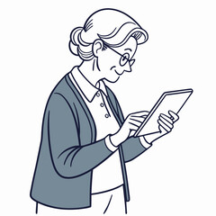 Elderly woman using tablet, clean cutout, transparent background