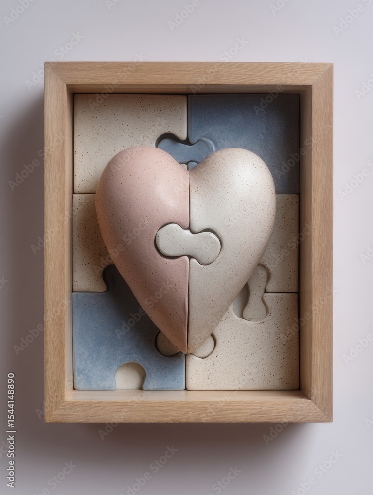 Poster Symbol of Emotional Repair With a Clay Heart Nestled in a Puzzle Frame Showcasing Muted Colors in a Creative Display Setting