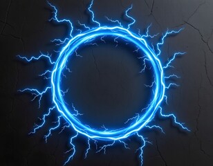 Naklejka premium top view of a blue electric ring with lightning bolts radiating outwards, positioned at the top of the image with empty space at the bottom for text.