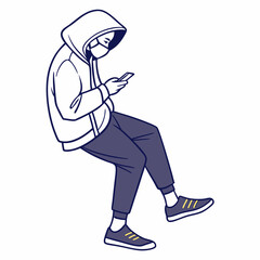 Person in hoodie and mask using smartphone
