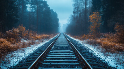 Fototapeta premium Snow-covered railroad tracks disappear into a foggy white horizon. A haunting winter landscape evokes solitude, distance, and mystery. Ideal for themes of journey, silence, or the unknown.