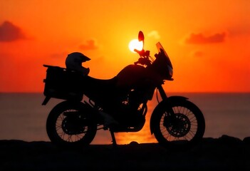 Fototapeta premium Generative AI Motorcycle silhouette basks in the vibrant glow of sunset