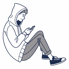 Young man sitting floor using smartphone hoodie