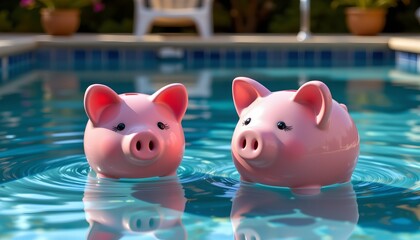 piggy bank floating poolside, on the left with copy space on the right, under soft diffused light.