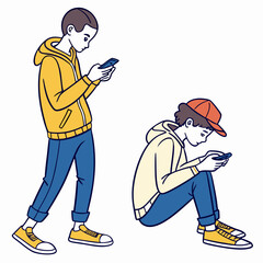 Two teens using smartphones, isolated illustration
