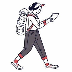 Young woman traveler walking using tablet