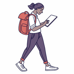 Young woman walking using tablet backpack student