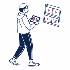 Young man using tablet, video content management, clean cutout