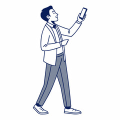 Professional man walking using smartphone transparent background