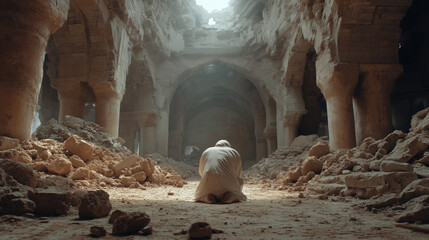 Person Praying in Ancient Underground Cave with Columns and Rocky Floor