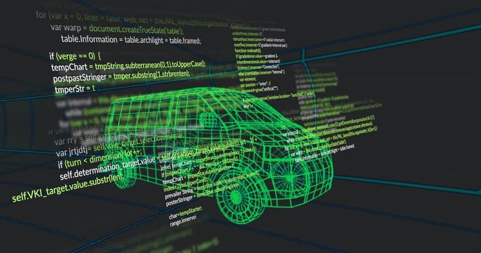 Code fading in starting wireframe van with scrolling script wrapping model showing integration