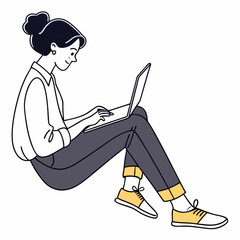 Woman working on laptop sitting floor casual