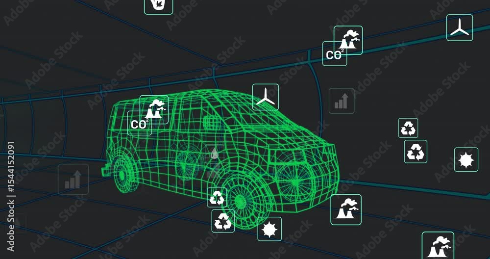 Poster frame shift causing icons appearing and orbiting green wireframe van in tunnel visualizing metrics