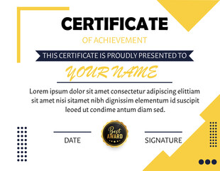Certificate of achievement template with yellow accents and best award seal