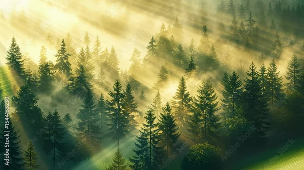 Poster sunlit forest scene with mist and tall trees, creating a serene and atmospheric landscape