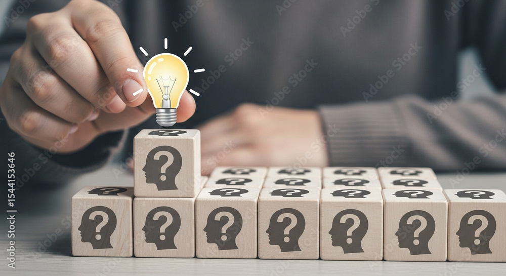 Poster Hand placing lightbulb on cube with question mark and head silhouette in a row of similar cubes