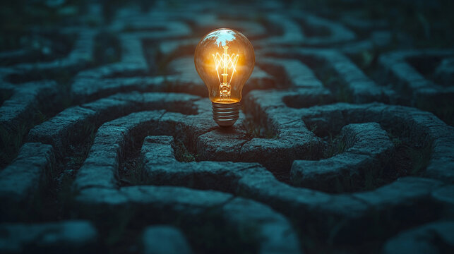 A glowing lightbulb shines brightly within a stone maze, symbolizing ideas, insight, and finding clarity amid complexity. The setting blends innovation with mystery. Caption space on the side.

