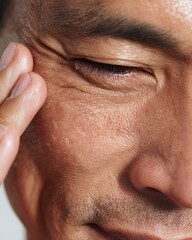 Fototapeta premium close-up of Asian man massaging cream into skin, healthy hydrated look, detailed pores