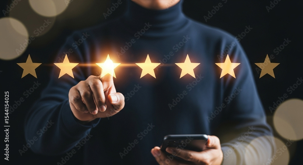 Poster man in turtleneck giving five star rating with finger and phone in hand on a dark background