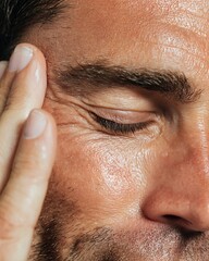 close-up of white man applying moisturizer to forehead, clean smooth skin, relaxed expression