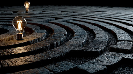 A glowing lightbulb shines brightly within a stone maze, symbolizing ideas, insight, and finding clarity amid complexity. The setting blends innovation with mystery. Caption space on the side.

