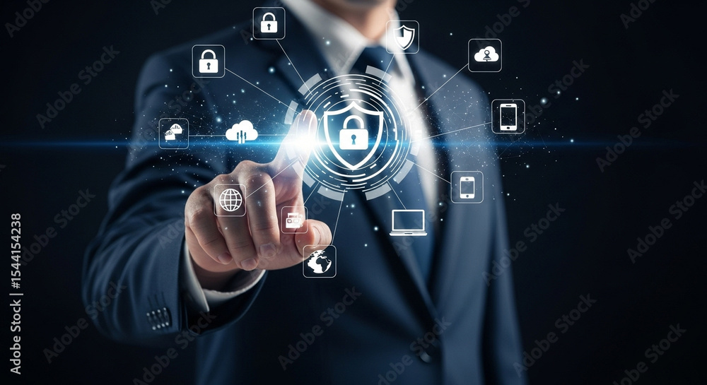 Aufkleber Man in suit pointing at digital security interface with cloud and device icons around the shield