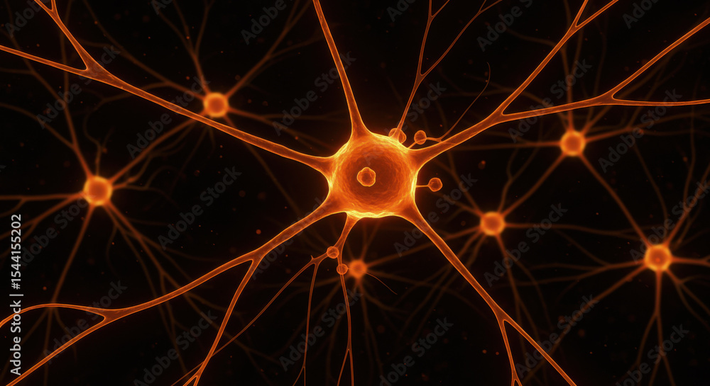 Poster the image depicts a detailed microscopic view of neurons with branching dendrites and synapses. the 