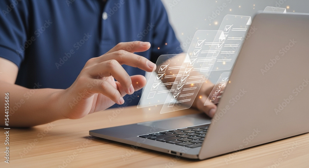 Aufkleber Person using laptop with digital checklist interface for task management and productivity boost