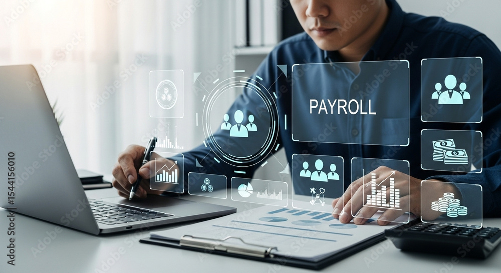 Poster man analyzing payroll data with laptop, pen, calculator and digital interface on a white desk setup