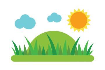 Obraz premium Sunny Day Meadow Illustration of Green Grass Hill, Sun, and Clouds