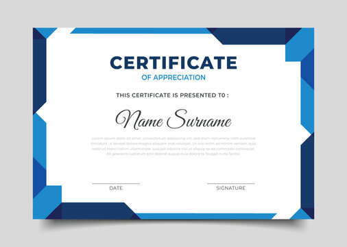 Business certificate template design with blue geometric border frame decoration - Powered by Adobe
