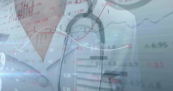 With data flowing doctor adjusting stethoscope and revealing smile with transparent medical charts