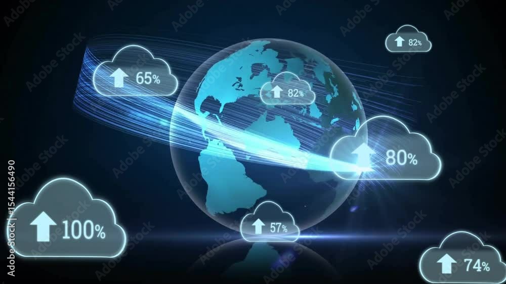 Poster cloud icons appearing 3d earth globe rotating as values updating and streaks showing completion