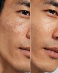 side-by-side comparison, Asian man's cheek, dry dull skin vs moisturized glowing skin, clear close-up