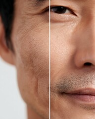 side-by-side comparison, Asian man's cheek, dry dull skin vs moisturized glowing skin, clear close-up