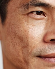 side-by-side comparison, Asian man's cheek, dry dull skin vs moisturized glowing skin, clear close-up