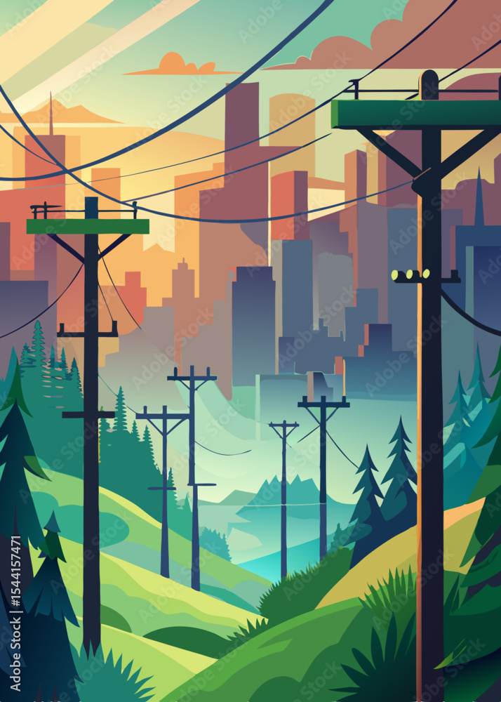 Poster stylized cityscape with nature and power lines featuring a vibrant color palette and a blend of urba