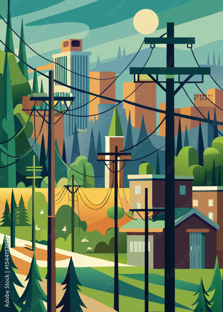 Poster stylized cityscape with power lines and trees depicting urban and natural elements in a modern geome