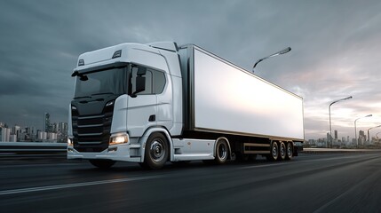 Fototapeta premium White Semi-Truck and Trailer on Highway at Dusk