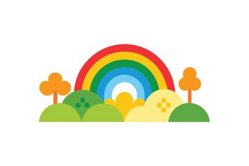 Fototapeta premium Vibrant Rainbow Landscape Colorful Hills, Trees, and Sunny Sky Illustration