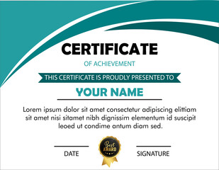 Certificate of achievement template with a teal and white design