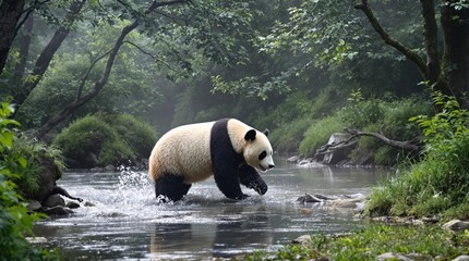 Majestic panda crossing a misty stream in a lush forest