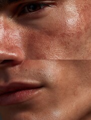 macro before-and-after of dull matte skin vs glowing radiant skin, male skin detail