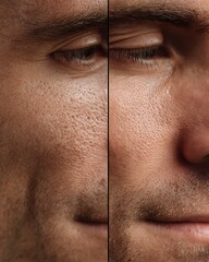 Skin before having large pores and skin that is firmer after using toner or serum.