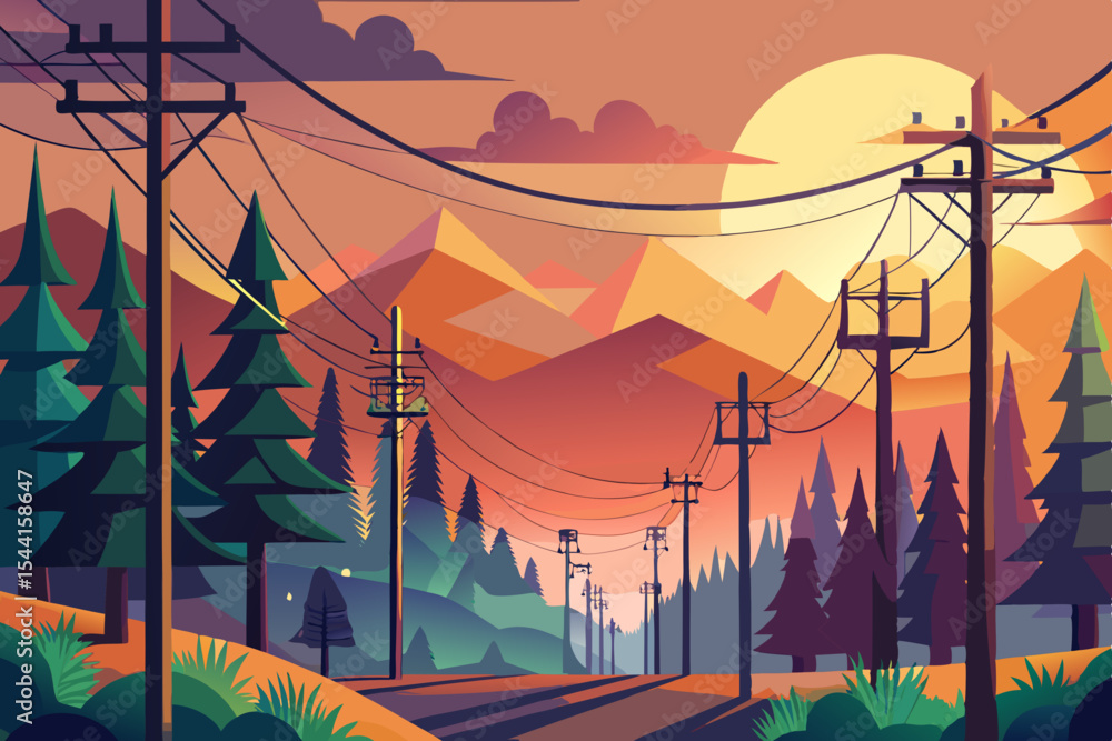 Poster stylized mountain landscape with power lines and evergreen trees featuring a warm color palette and 