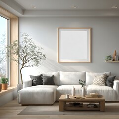Frame mockup, ISO A paper size. Living room wall poster mockup. Interior mockup with house background. Modern interior design. 3D render. High quality