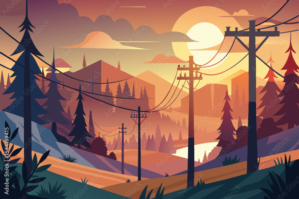 Poster stylized landscape illustration with sunset mountains and trees featuring power lines and a warm col