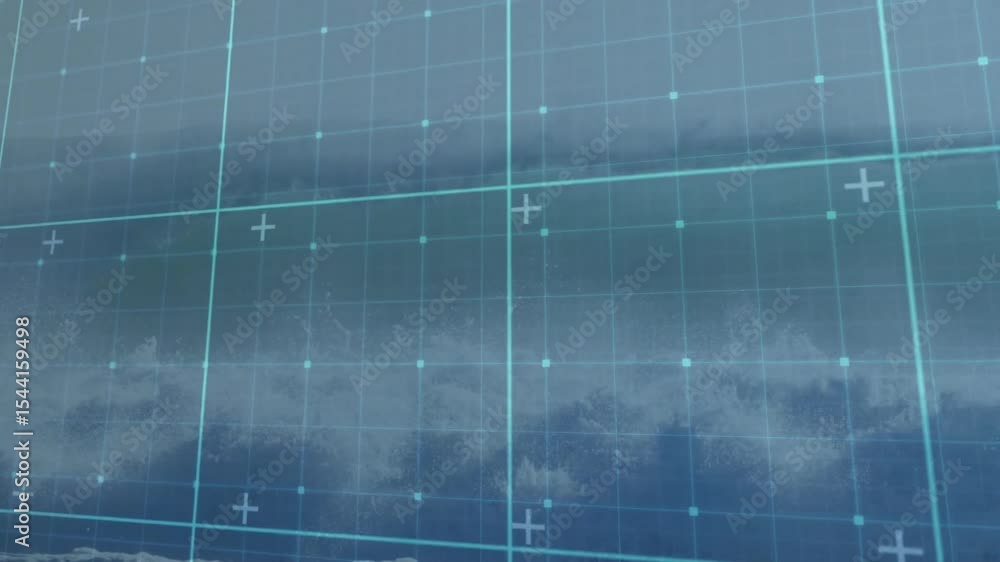 Poster on start rolling ocean wave shifting beneath cyan grid overlay representing wave motion mapping