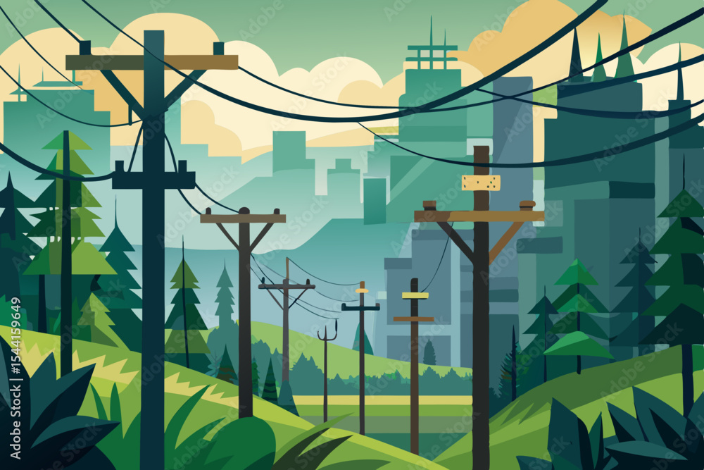 Poster stylized cityscape with power lines and trees featuring a modern urban landscape blending with natur