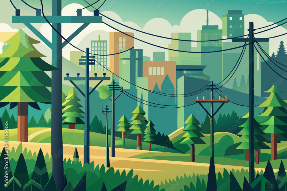 Poster stylized cityscape with evergreen trees and power lines depicting urban and natural elements in a fl